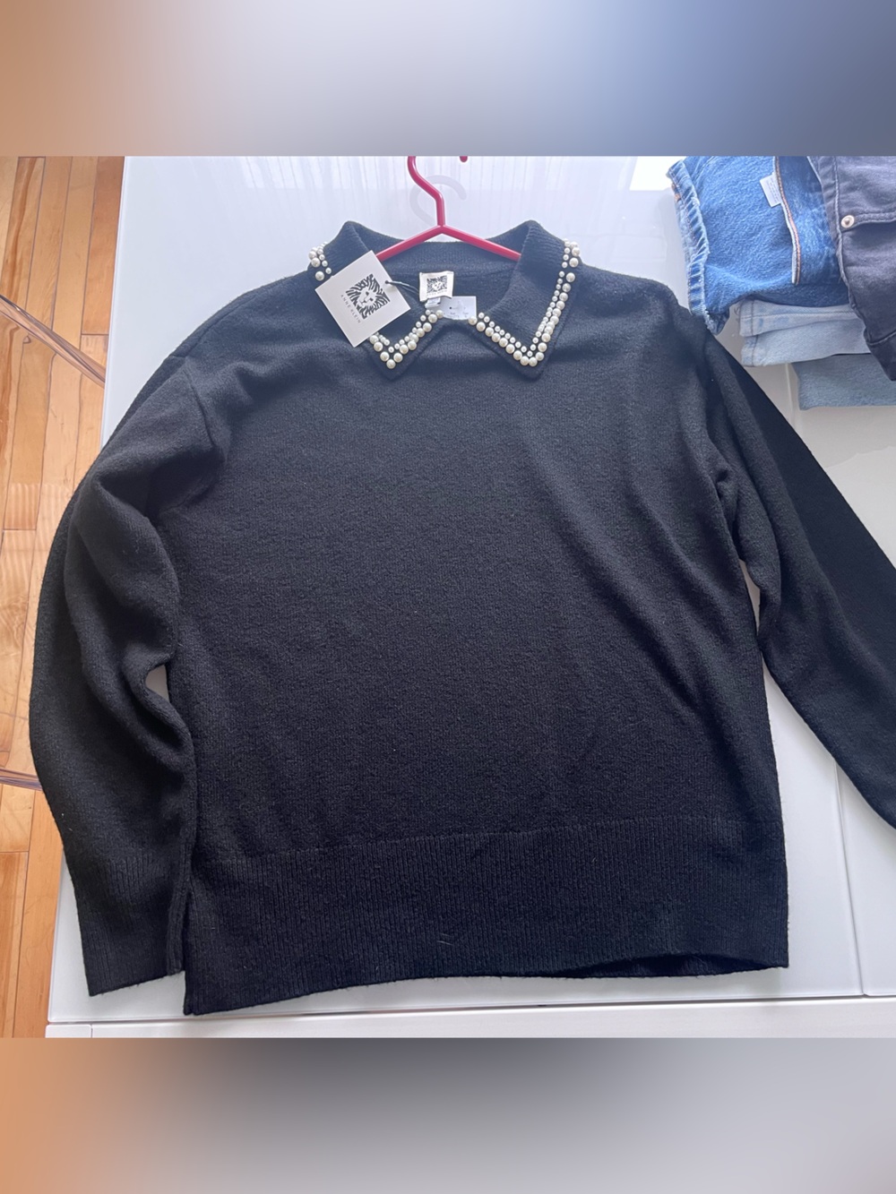 Anne Klein Black Crewneck Sweater with Pearl Trim